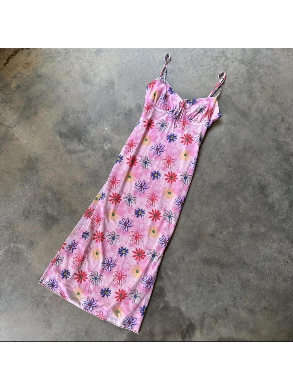 Pretty Garbage pink floral midi dress with multicolored flowers,
